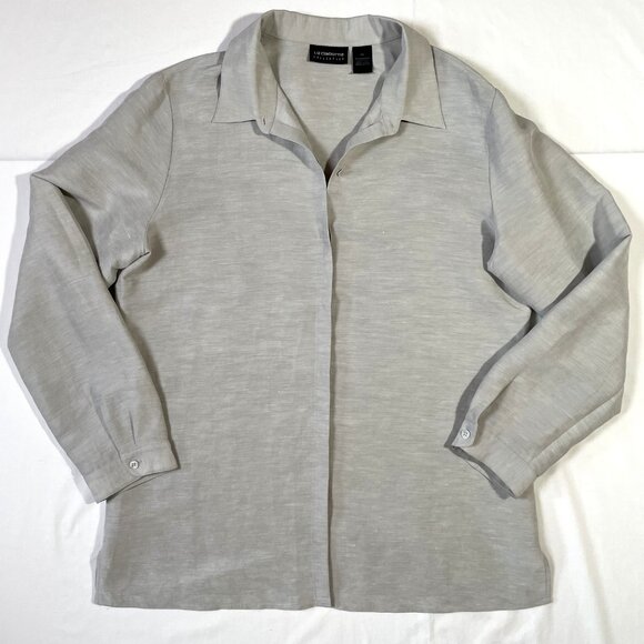 Liz Claiborne Silk Linen Tunic Blouse Size 14 Moss Gray Green Long Sleeve - Picture 3 of 12